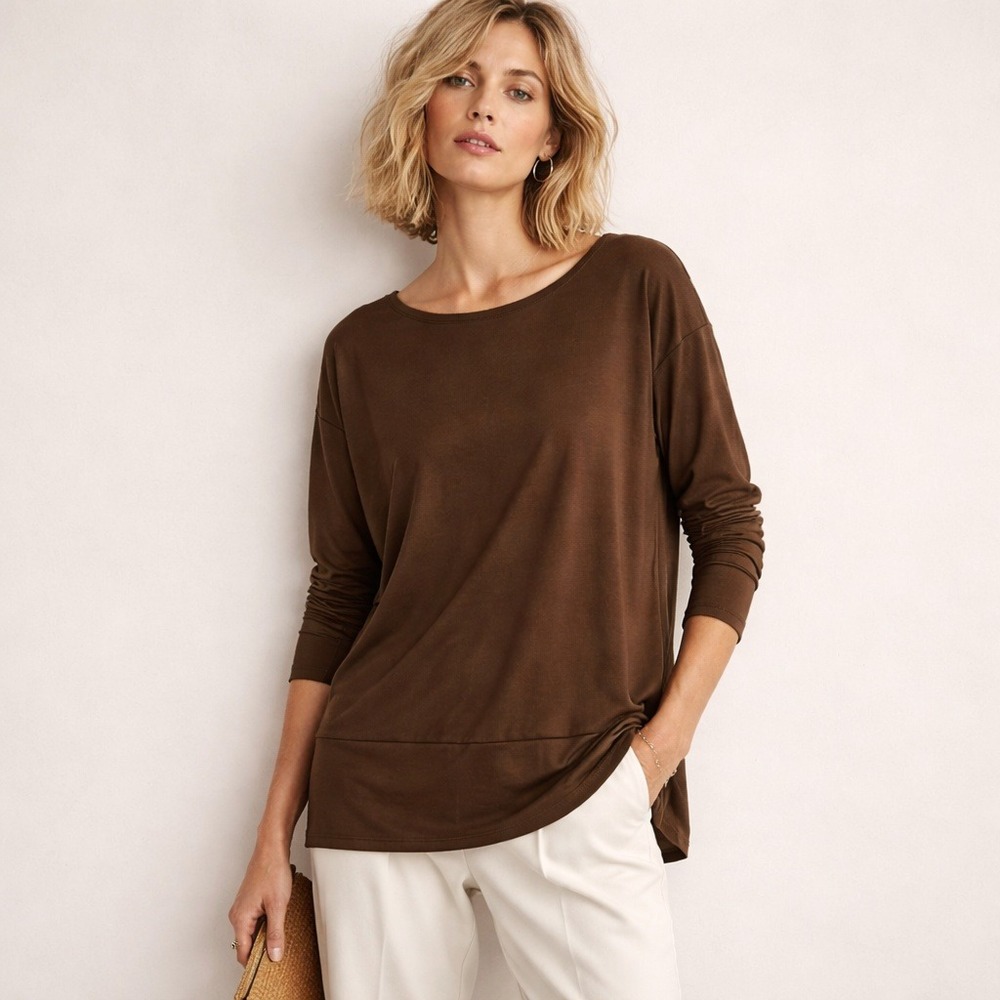 Eileen Fisher Espresso Brown Long Sleeve Jersey Tunic Top Size‎ S